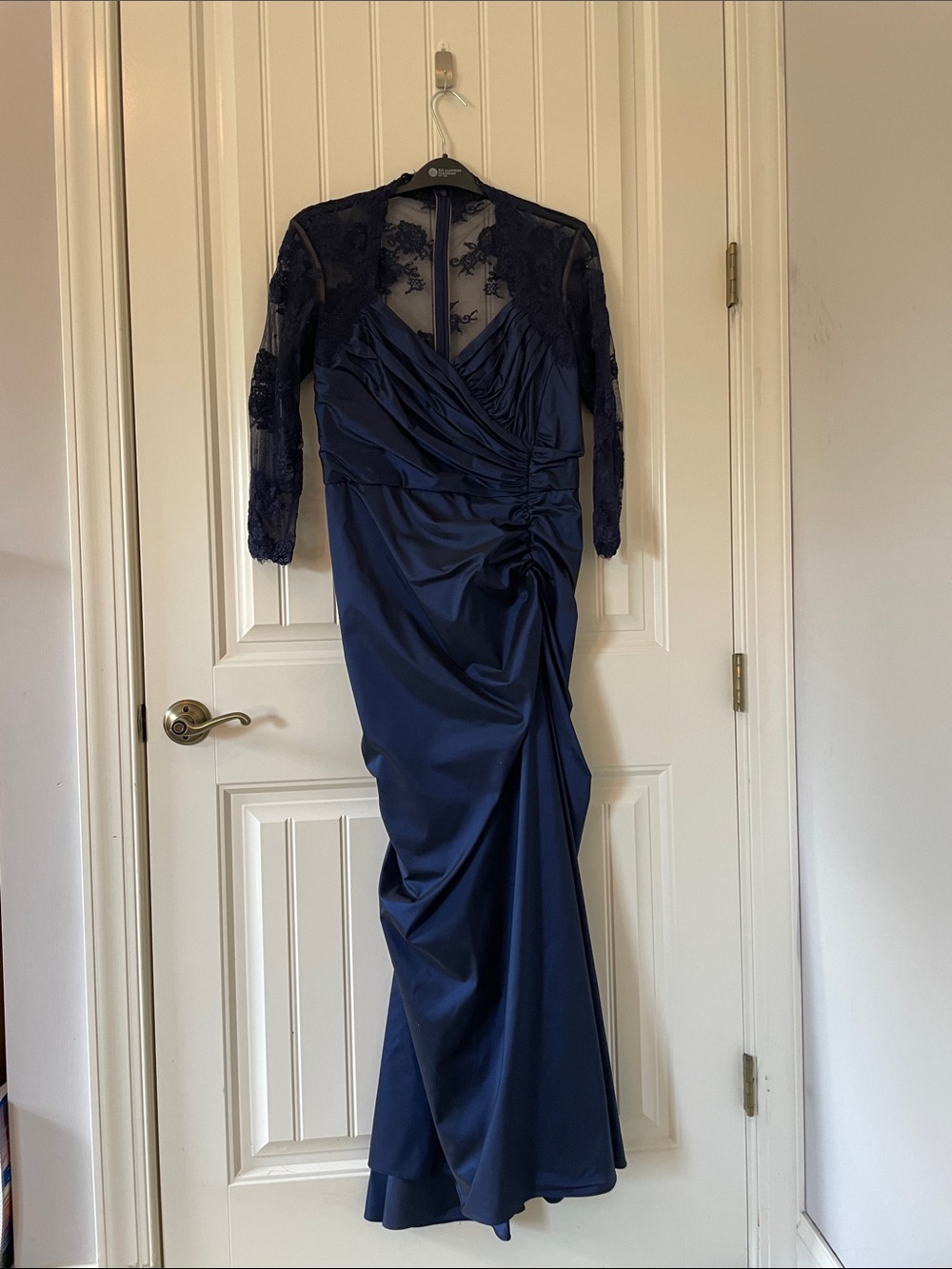 Tadashi Shoji Navy Lace-Sleeve Ruched Satin Gown